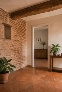 Pièce désencombrée pour mise en valeur, laissant apparaître briques, tomettes et poutre dans maison ancienne