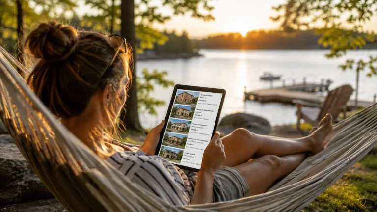 Femme consultant des annonces de maisons du Sud-Ouest sur une tablette depuis un hamac au bord d’un lac.