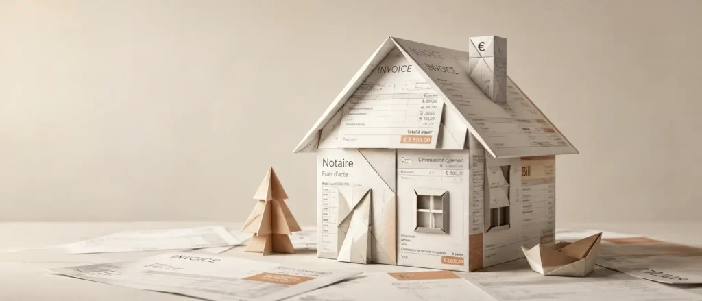 Maison en papier style origami réalisée à partir de facture représentant les frais liés pour vendre d'une maison